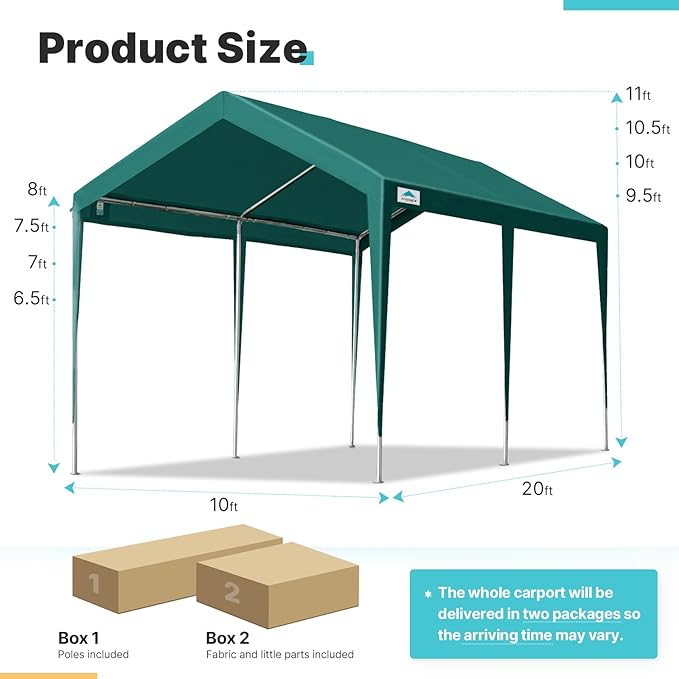 ADVANCE OUTDOOR 10x20 ft Heavy Duty Carport Potable Car Canopy Garage Party Tent Boat Shelter, Adjustable Height, with Leg Cloth, Green