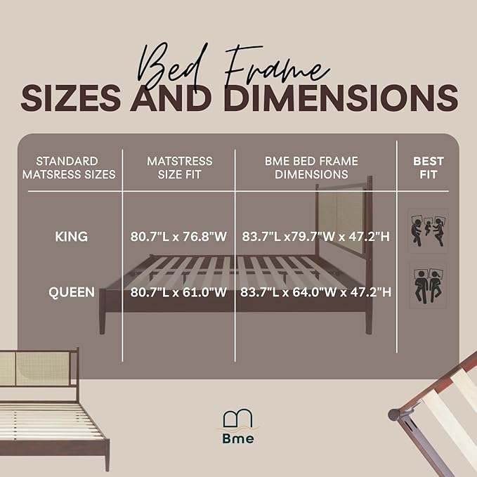 Bme Oliver Headboard Queen Size Bed Frame - 15-Inch Signature Design with Rattan Headboard, Bohemian and Mid Century Style, 12-Slat Wood Support, No Box Spring Needed - Easy Assembly, Walnut