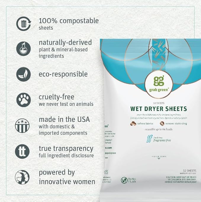Grab Green Wet Dryer Sheets, 96 Count, Fragrance Free, Plant Based, Softens Fabrics, Reduces Static Cling and Wrinkles