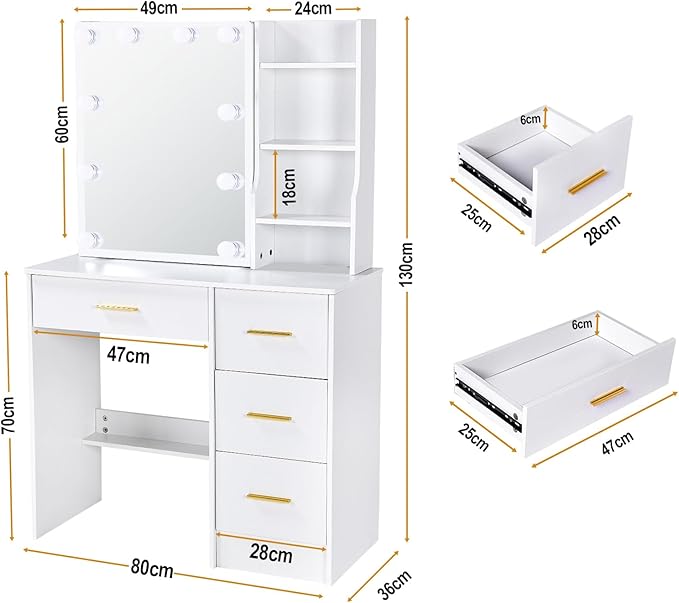 JBLCC Vanity Desk with Mirror and Lights, White Makeup Vanity with 3-Color Lighted Sliding Mirror, 4 Drawers & Open Shelves, Small Vanity Table for Bedroom, Girls & Women