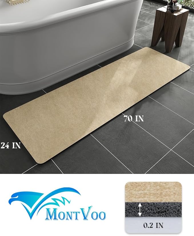 MontVoo -Bath Mat Rug-Rubber Backing Non Slip Quick Dry Absorbent Thin Bathroom Rugs Fit Under Door-Faux Suede Surface Bathroom Floor Mats-Shower Rug for in Front of Bathtub Shower Beige 24"X70"