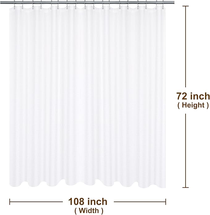 Extra Wide Fabric Shower Curtain 108 x 72 inch, Waffle Weave, Hotel Luxury Spa, Water Repellent, Washable, Spa, 230 GSM Heavy Duty, White Pique Pattern Decorative Bathroom Curtain, 18 Holes