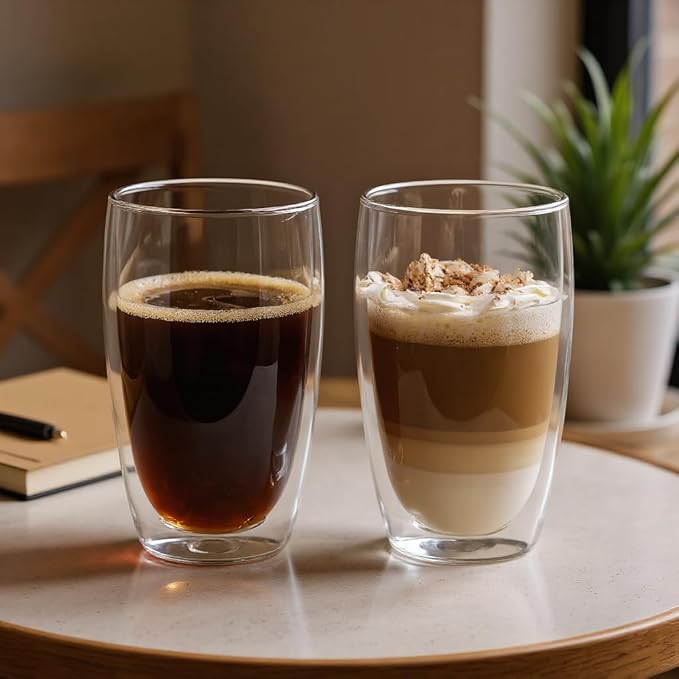 Double Wall Glass Coffee Mugs Set of 2, 15oz/440ml Insulated Glass Mugs for Hot Beverages, Large Clear Coffee Cups for Espresso, Tea, Latte, Cappuccino