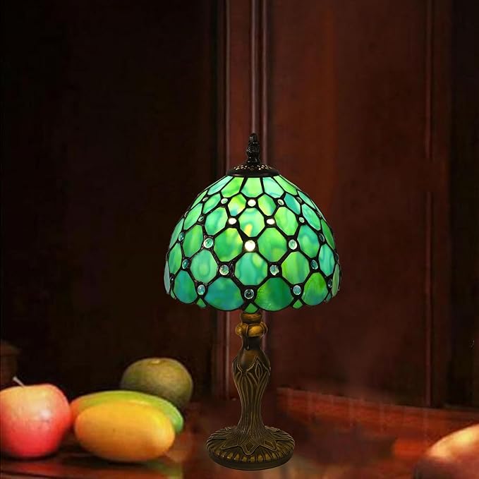 Tiffany Table Lamp Blue Beads Stained Glass 3 Way Table Lamps for Living Room Nightstand Bedside Bedroom Home Office Desk Lamps W/LED Bulb 8X8X15Inch