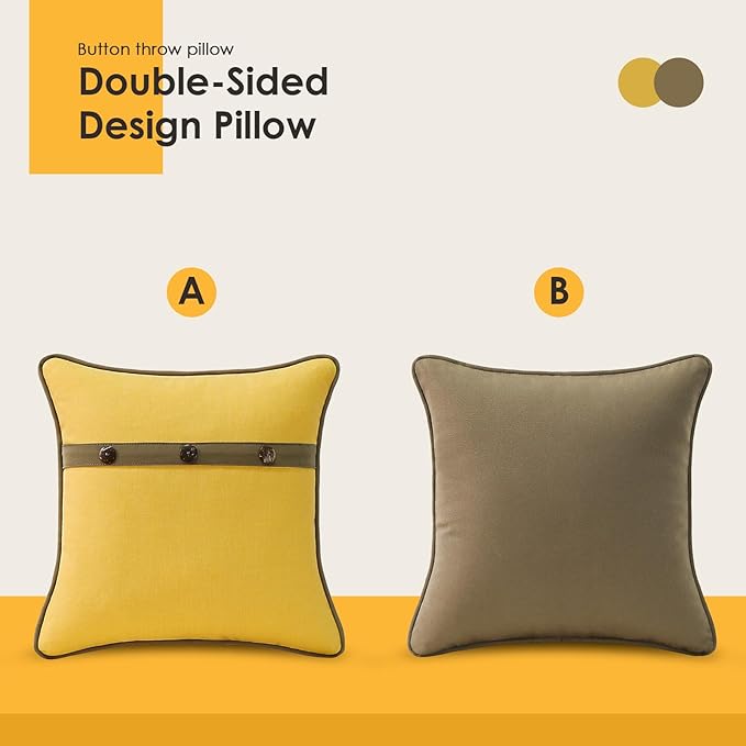 Outdoor Sunbrella Decorative Pillows with Triple Coconut Buttons Pack of 4, 16" x 16" Outdoor Pillow Set for Couch Bed Throw Patio Sofa, Spectrum Daffodil/Canvas Cocoa