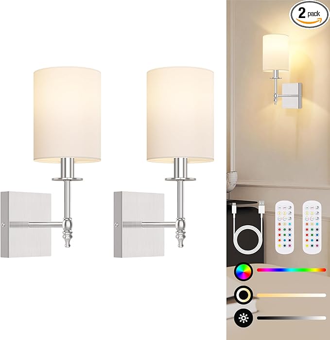 14.5 Inch Battery Operated Wall Sconces Set of 2 with Remote, Brushed Nickel Rechargeable Wireless Wall Lights with White Fabric Shade, Cordless Wall Lamps with Dimmable Detachable Bulbs for Bedroom