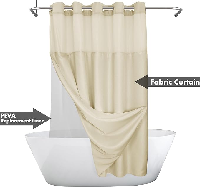 No Hook Slub Textured Shower Curtain with Snap-in PEVA Liner Set - 71" x 74"(72"), Hotel Style Beige Shower Curtain with See Through Top Window, Machine Washable & Water Repellent, Linen, 71x74