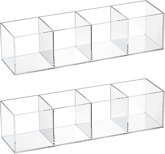 Epakh 2 Pieces 4 Compartment Acrylic Cube Organizer 4 Section Clear Acrylic Pencil Holder Small Drawer Organizer for Makeup Brush Crayon Desk Home Office Back to School Supplies