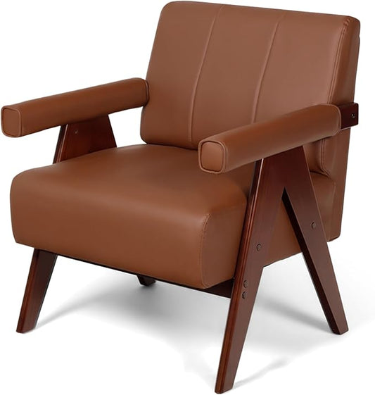AODAILIHB Mid Century Modern Chairs Brown Leather Accent Chair Wood Arms with Soft Bag Living Room Chairs with Thick Cushion Comfy Leisure Sitting Waiting Room Chairs Bedroom/Office (1, Brown)