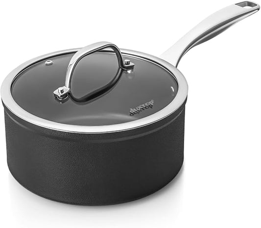 Duxtop Nonstick Master Saucepans Hard Anodized 2 Quart Small Sauce Pan with Lid, Aluminum Cooking Pot PFAS-Free, Oven Safe to 500°F, Black