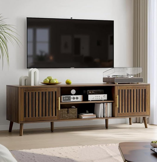 63" TV Stand, Mid-Century Modern Media Console with 2 Louvered Doors, Adjustable Shelves, Entertainment Center with Golden Handles for Living Room, Bedroom, Walnut