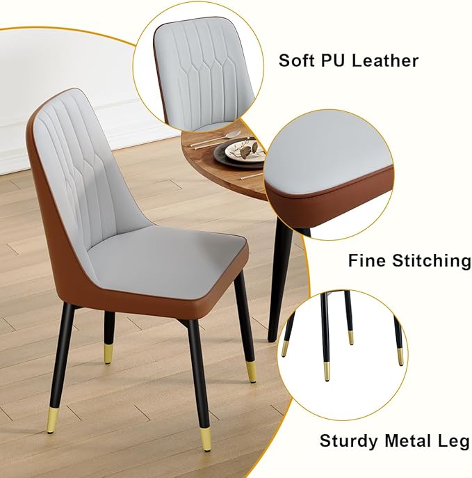 Round Dining Table Set for 4, 42"-54" Extendable Dining Table Set for 4, 0.73" Thick Wood Tabletop with Smooth Edge, Black Metal Leg with Non-slip Footmat, 4 Soft PU Chairs, Small Space, Easy Assembly