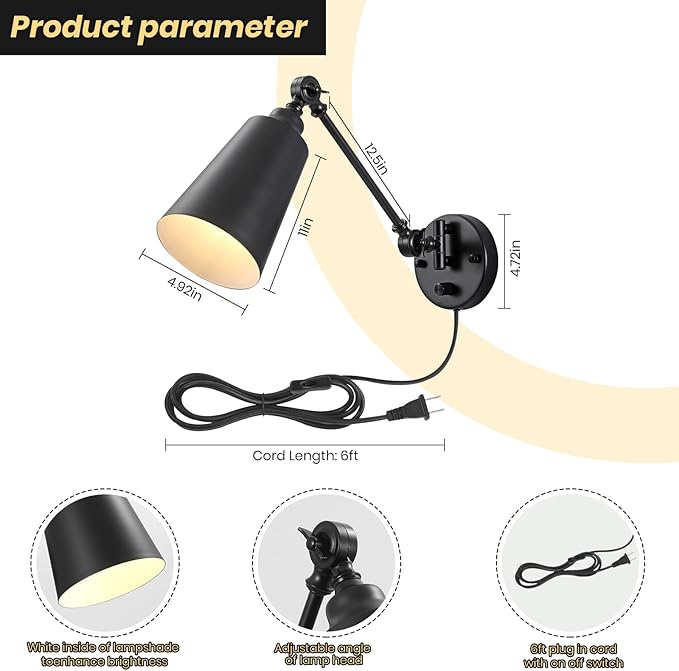 Plug in Wall Sconces Set of 2, Black Wall Mounted Lighting, Swing Arm Wall Lamp Plug in Cord Industrial Wall Light Fixtures for Bedside Bedroom Living Room Kitchen Office