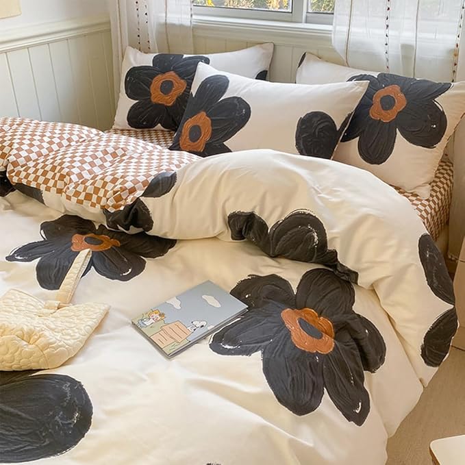 CLOTHKNOW Black Sunflower California King Comforter Set Floral Bedding Comforter Sets Pumpkin Grid Comforter Boho Comforter Sets Cal King