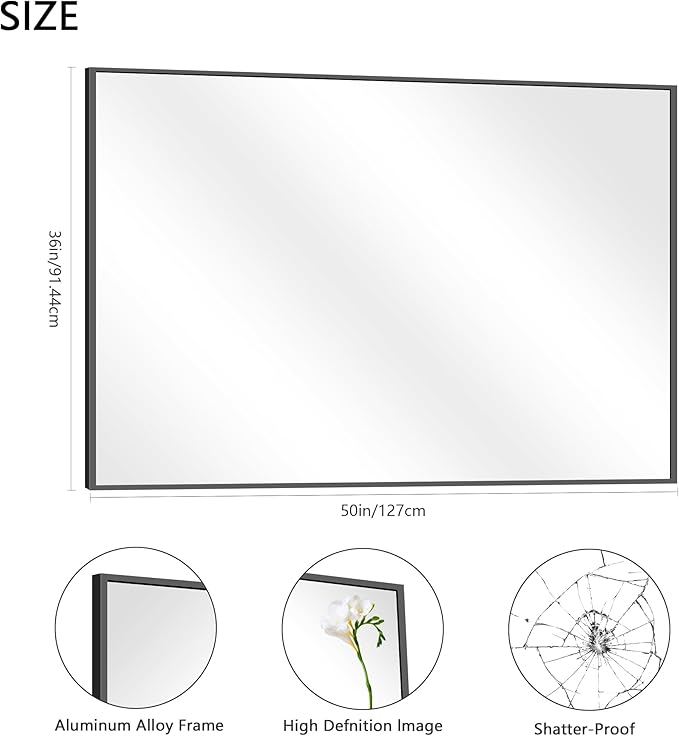 36x50inch Bathroom Mirror, Black Rectangle Mirror with Thin Metal Frame, Large Rectangular Wall Mirror for Bathroom, Living Roomm, Hair Salon, Big Farmehouse Mirror Hang Horizontal/Vertical
