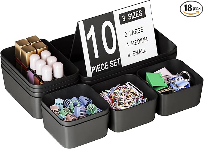 Plastic Drawer Organizers, 10 PCS Drawer Organizer Bins, Bathroom and Vanity Organizer Plastic Tray, Makeup organizer and storage for Makeup, Bedroom, Kitchen Gadgets Utensils and Office (Black)