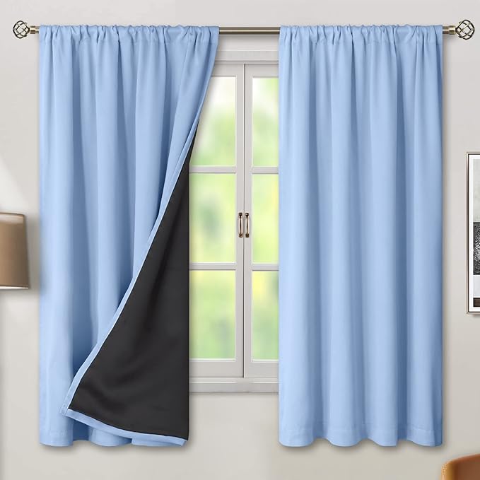 BGment Full Blackout Curtains with Thermal Insulation Liner Curtains 63 Inches Long, Rod Pocket and Back Tab Double Layer Room Darkening Window Curtain for Bedroom(42 x 63 Inch, 2 Panels, Light Blue)