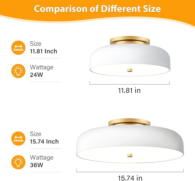 Dimmable LED Ceiling Light Fixture, 2700K-6000K 5CCT Modern Mid-Century Semi Flush Mount Ceiling Light, White Close to Ceiling Lamp for Kitchen, Laundry Room, Bedroom, Hallway, 11.8in