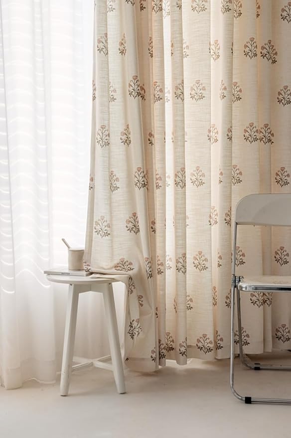 Linen Blend Pinch Pleated Curtains for Living Room, Bedroom, Dining Room - Light Filtering Curtains 2 Panels Set - Luxury and Modern Floral Printed Design - Beige White, 30" W x 84" L