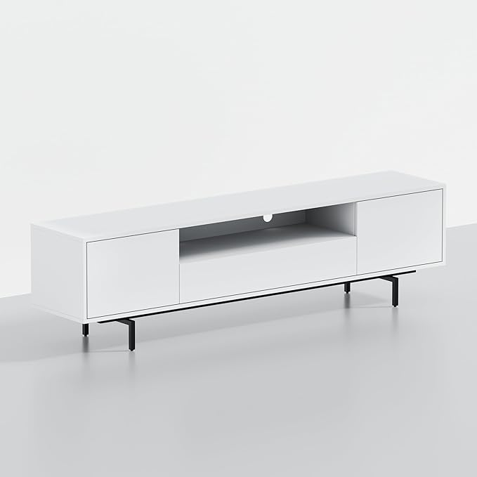 Norrhaus 75-Inch Modern TV Stand – White Finish, 20-Inch Height, No Tools Assembly Technology, Storage Cabinets with Center Channel Speaker Shelf, Mid-Century Modern Design