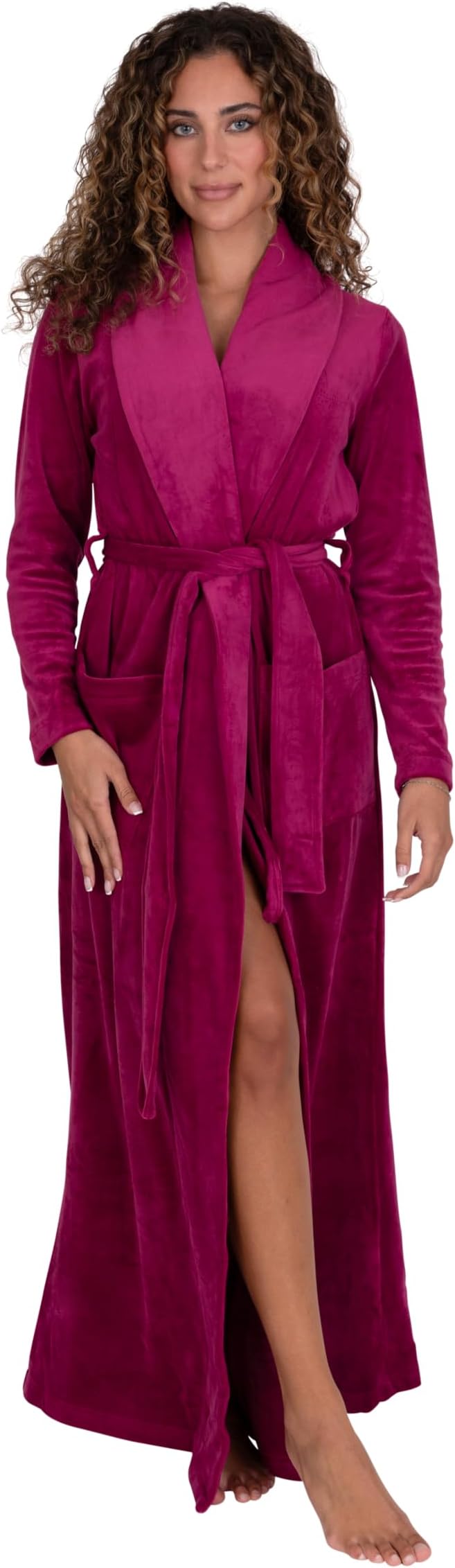 Be Relax Terry Velour Robe - Made of Polyester, Shawl Collar Robe with Belt & Side Pockets, Soft & Warm Bathrobe for Women