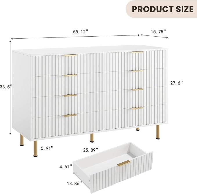 8 Drawer Dresser for Bedroom, Fluted 55" Wide Modern Chest of Drawers with Deep Drawers, Wooden Dresser Organizer for Living Room, Hallway, Kids Room, White