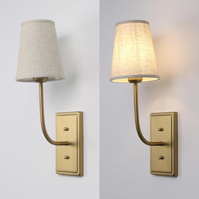 Farmhouse Brass Wall Sconce 1-Light, Linen Fabric Shade Wall Lamp Hardwired Indoor Wall Light for Bedroom Living Room Vanity Bathroom (Linen Cloth 2-Pack)