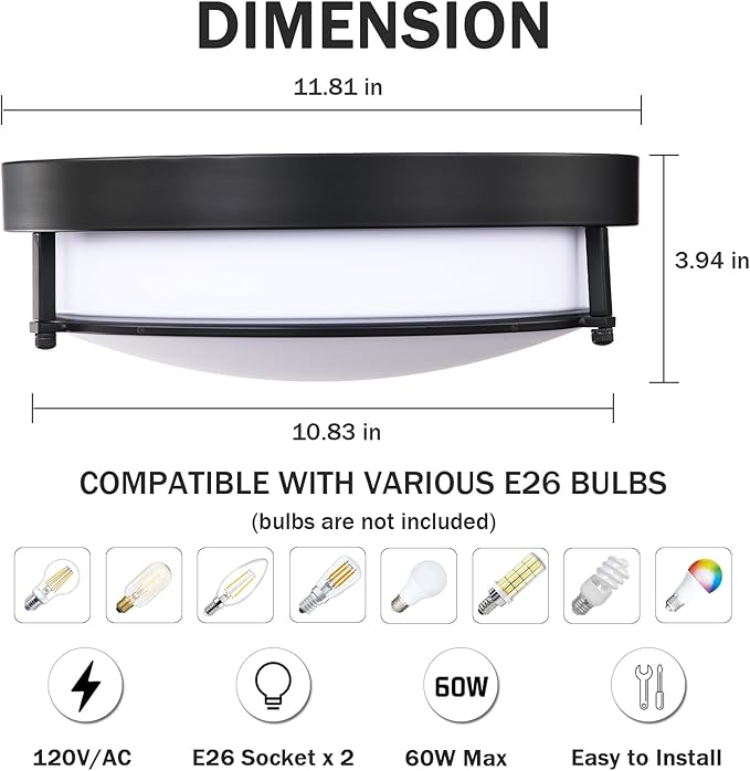 12 inch Black Flush Mount Ceiling Light, 2-Light Hallway Light Fixtures Ceiling, Modern Light Fixtures Ceiling Mount for Kitchen Entryway Bedroom, E26 Socket