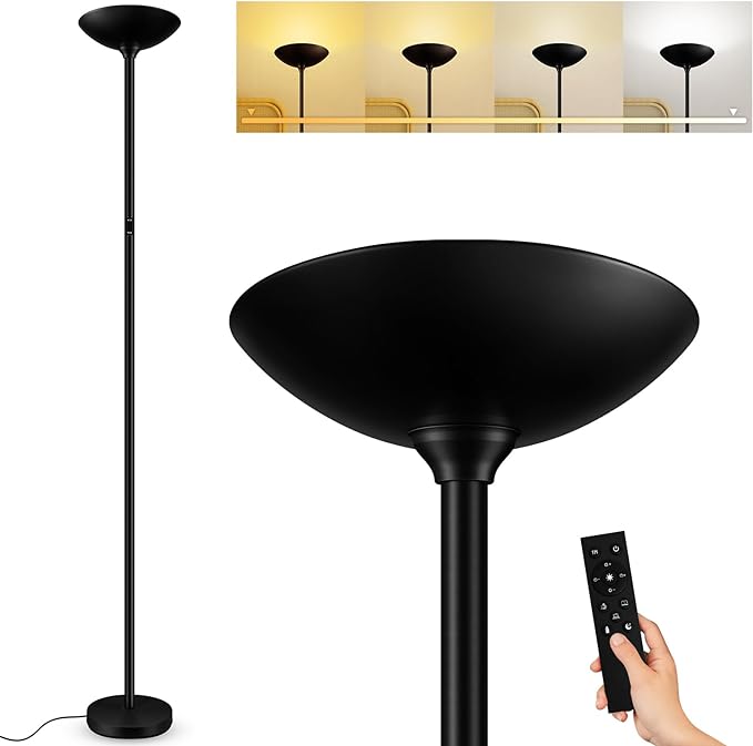 Stepless Dimmable Floor Lamp,30W 3000LM Super Bright LED Torchiere Floor Lamps with Remote & Touch Control,71 in Tall Modern Standing Lamp for Living Room Bedroom Office,2700k-6500k,Black