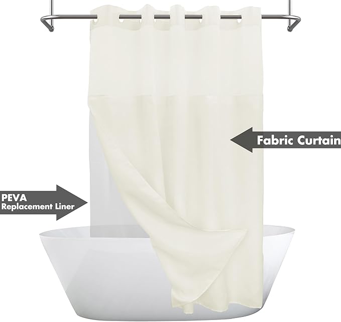 No Hook Slub Textured Shower Curtain with Snap-in PEVA Liner Set - 71" x 74"(72"), Hotel Style Cream Shower Curtain with Sheer Top Window, Water Repellent, Sand, W71xH72