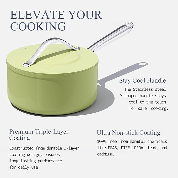 3.5qt Nonstick Ceramic Sauce Pan with Lid (8.19") Even Heat Distribution Non Toxic PFAS Free Healthy Cooking Pot for All Stovetops (Induction/Gas/Electric) Oven Safe 500°F, Avocado Green