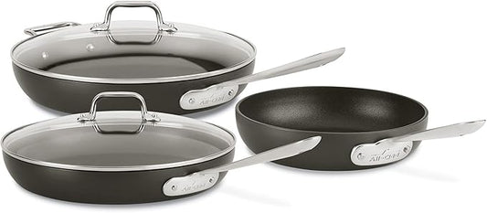 All-Clad HA1 Hard Anodized Nonstick Fry Pan Set – 3-Piece Cookware, 8", 10", 12" Skillets with Lid, Induction Compatible, Oven Safe to 500°F, Lid Safe to 350°F, Black