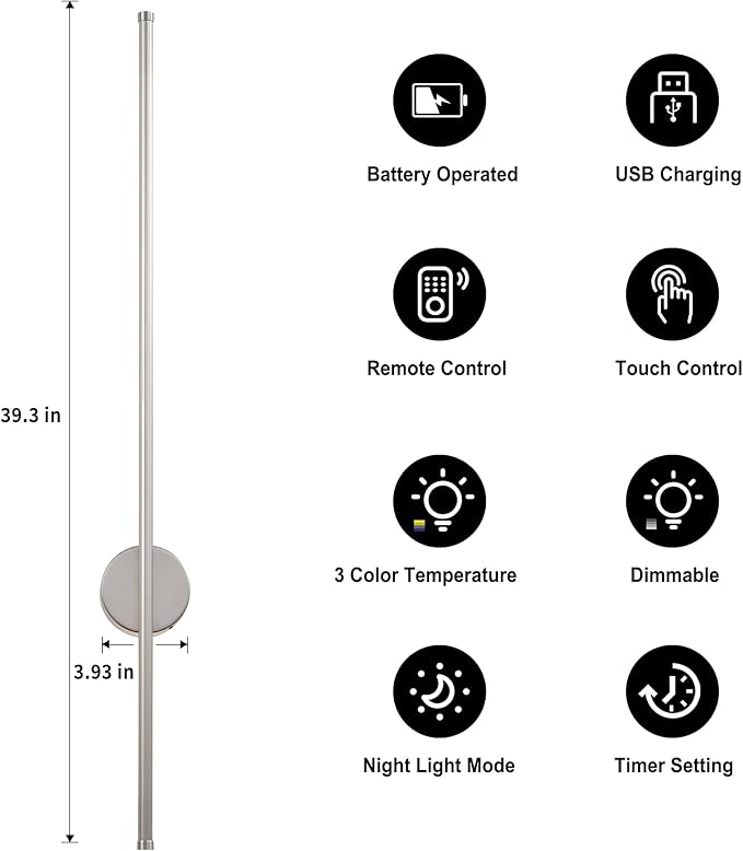 Battery Operated Modern Wall Sconces, Dimmable Wireless Wall Light Set of Two with Remote Control, 3 Color Temperatures, Rechargeable LED Wall Sconce for Bedroom, Living Room,Hallway, 39.3 Inch Nickel