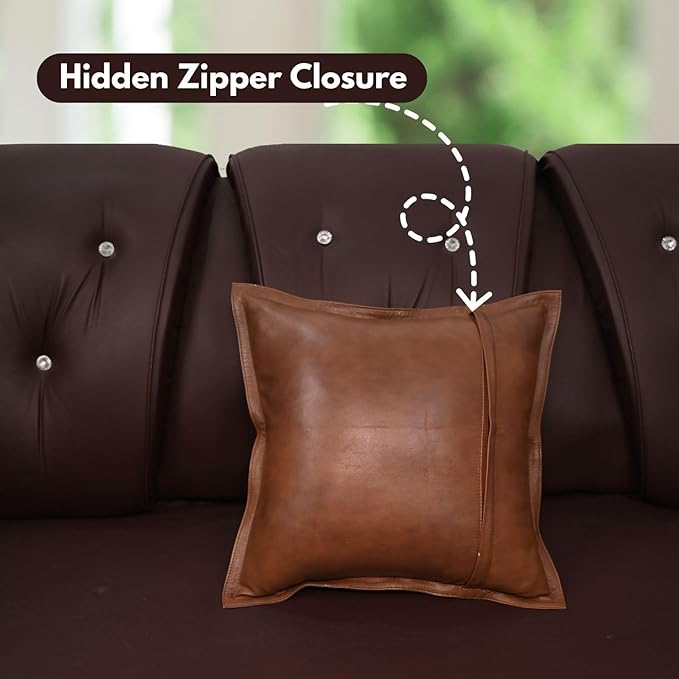 D DOLLY LAMB Lambskin Leather Pillow Cover - Sofa Cushion Case - Decorative Throw Covers for Living Room & Bedroom, 20x20 Inches - Dark Antique Brown Box