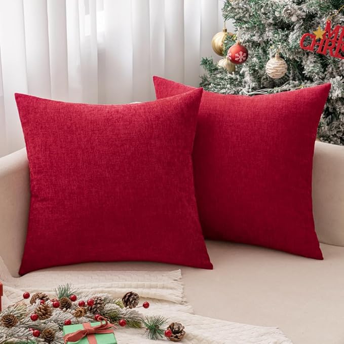 MIULEE Pack of 2 Red Couch Throw Pillow Covers 18x18 Inch Soft Chenille Pillow Covers for Sofa Living Room Solid Dyed Pillow Cases