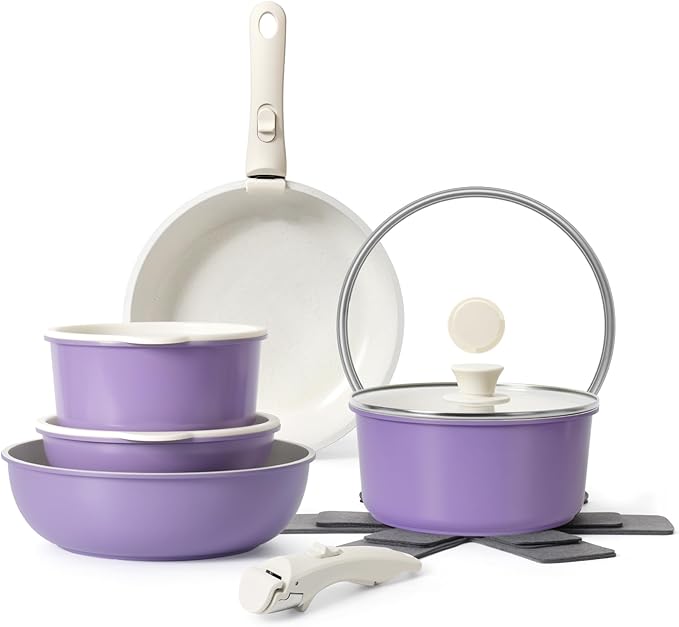 15Pcs Pots and Pans Set Non Stick, Cookware Sets with Detachable Handle, Nonstick RV Kitchen Cooking Tools Removable Handles, Oven Safe, Induction Fast, Stackable Induction Cookware, Purple