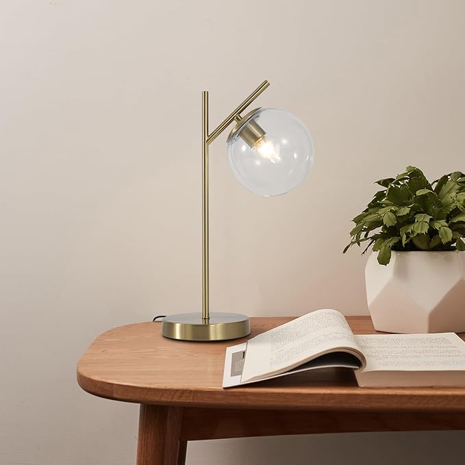 Mid Century Modern Table Lamp Contemporary Metal Brass Bedside Lamps with Clear Glass lampshade Gold Globe Nightstand Lamp for Bedroom Living Room Study Room