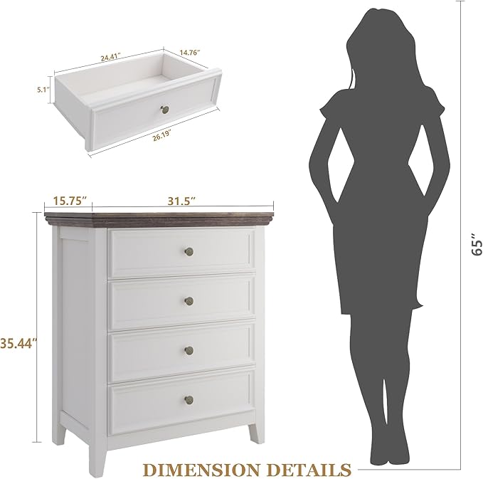BLANKSPACE Dresser for Bedroom, 4 Drawer Dresser, Modern 4 Chest of Drawers, Farmhouse Storage Cabinet with 4 Drawers for Home Office, Dining Room, Antique White