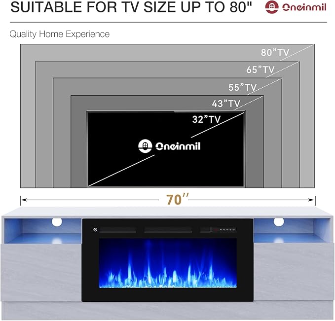oneinmil 70” TV Stand with 36” Electric Fireplace, Large Modern Media Entertainment Center with Storage Cabinet and 12 Colors LED Lights for TVs Up to 80", Gray TV Stand and Black Fireplace