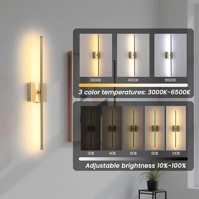 Battery Operated Wall Sconces with Remote Control, 11000mAh Wireless Rechargeable Brushed Bronze Wall Lights, 350°Rotate 3 Color Temperatures Dimmable Wall Lamp, for Bedroom, Living Room, Hallway