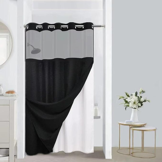 No Hooks Required Waffle Weave Shower Curtain with Snap in Liner-Hotel Grade Waterproof & Mesh Top Window Spa Like Small Stall Bath Curtain Machine Washable 54Wx80L Black