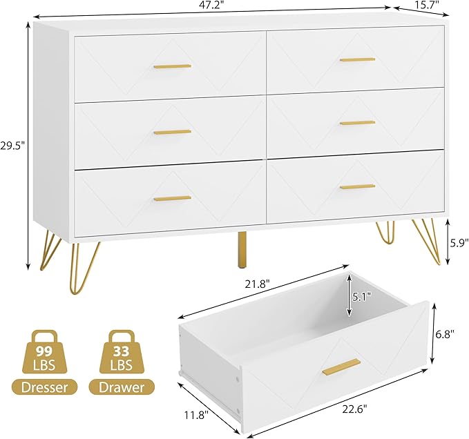 White Dresser for Bedroom, 6 Drawer Dresser with Golden Handles, Wood Modern Double Chest for Hallway, Entryway