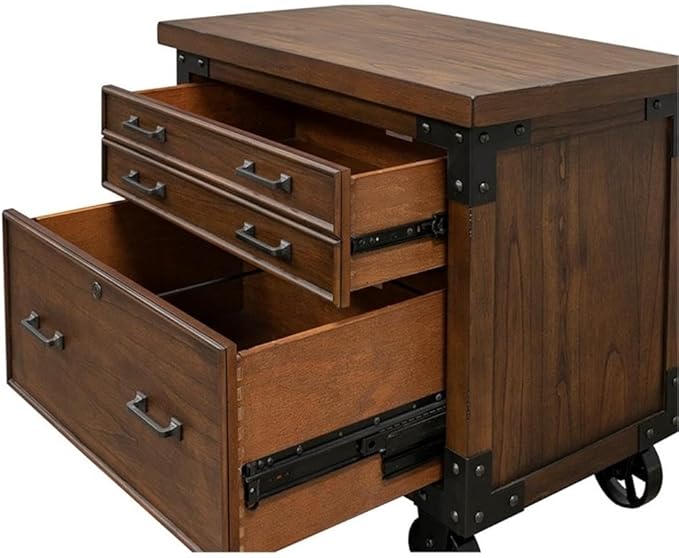 Pemberly Row Rustic Wood Lateral File with Legal/Letter File Drawer in Brown, Solid Wood, Sturdy Construction, Office or Home Storage, Secure Document Organization, Durable Design