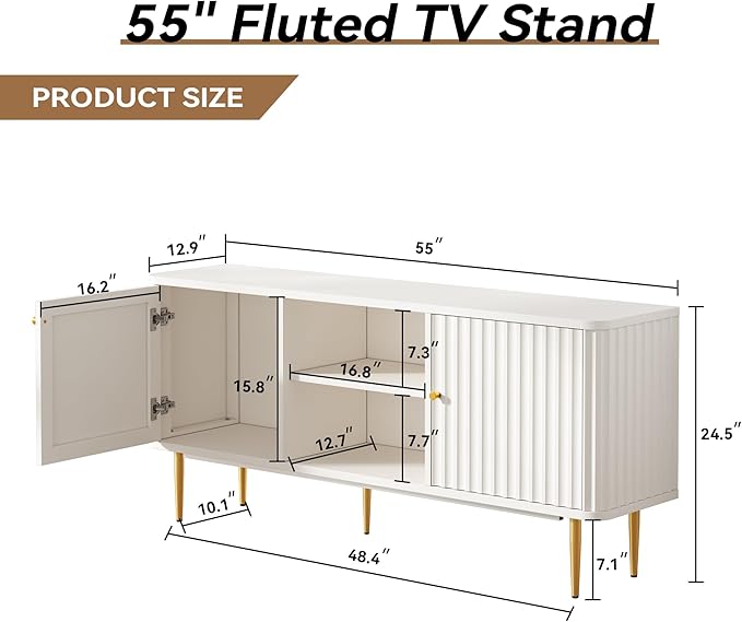ARTPOWER 55” Fluted TV Stand, Mid Century Modern White TV Stand for 55/60/65 inch TV, Entertainment Center with Storage, Television Stands, TV Console, Media Console for Living Room, Bedroom