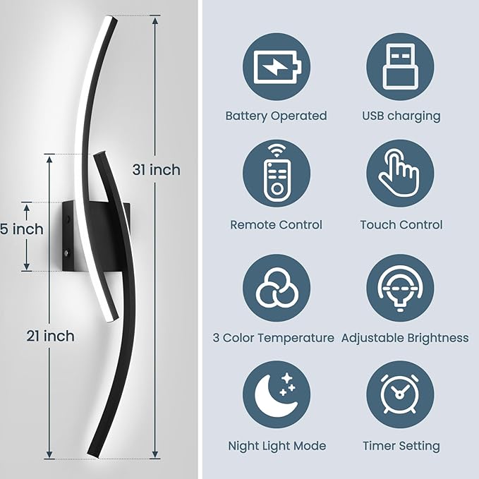 15000mAh Battery Operated Wall Sconce Set of 2,Black Wall Sconces with Remote Control,3000K-6000K Modern LED Wireless Wall Light for Living Room, Hallway, Bedroom, 39.3 Inch (2 Pack)