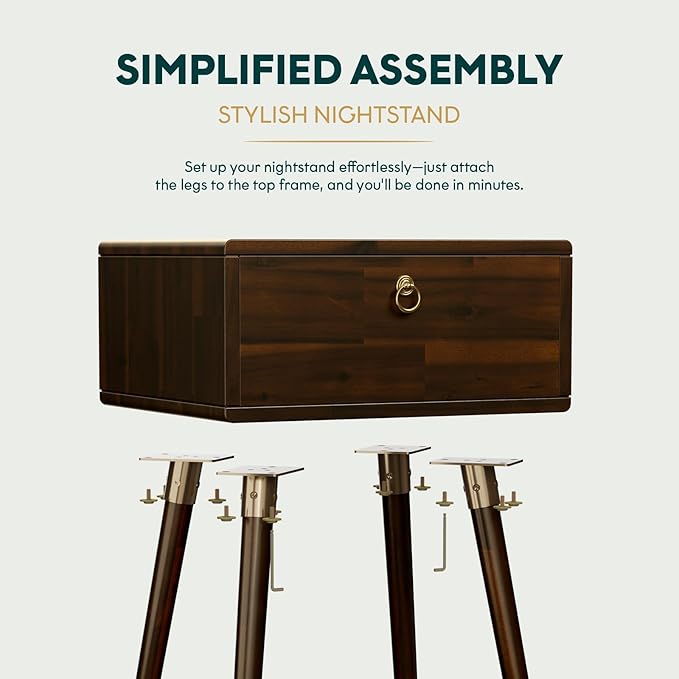 Bme Alden Wood Nightstand, Solid Wood End Table, Mid Century Modern Nightstand, Side Table with 1 Drawer, Compact for Bedroom, Living Room & Study Room, Easy Assembly, Walnut