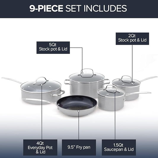 Nuwave Healthy Duralon Blue Ceramic Nonstick Coated 9pc Cookware Set, Scratch-Resistant Diamond Infused, PFAS Free, Induction Ready & Evenly Heats, Oven Safe, Tempered Glass Lids