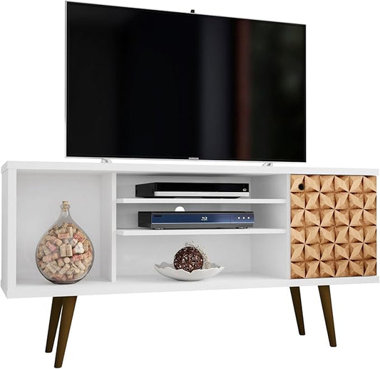 Manhattan Comfort Liberty Mid Century Modern TV Stand for Televisions up to 50 Inches, Bedroom and Living Room Entertainment Center with Storage, Shelves, and Cabinet, 53" Wide, White/3d Print
