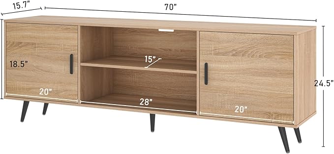 AUXSOUL Mid Century Modern TV Stand - 70" for 75" TV, Wood with Storage, Entertainment Center for Living Room & Bedroom, Media Console, Oak