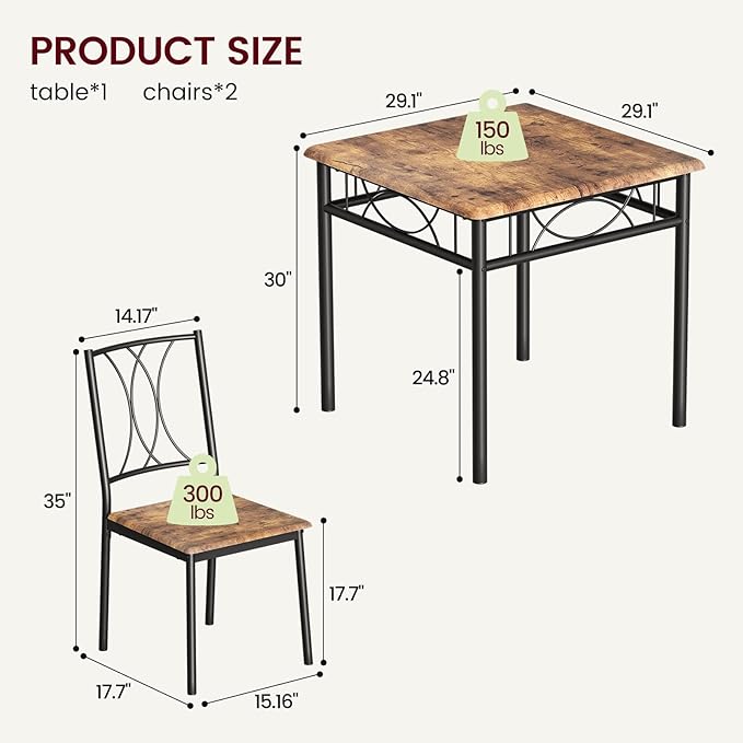Dining Table Set for 2, Kitchen Table with 2 Chairs, Wood 3-Piece Kitchen Dining Room Table Set for Apartment, Small Space, Space Saving, Retro Brown